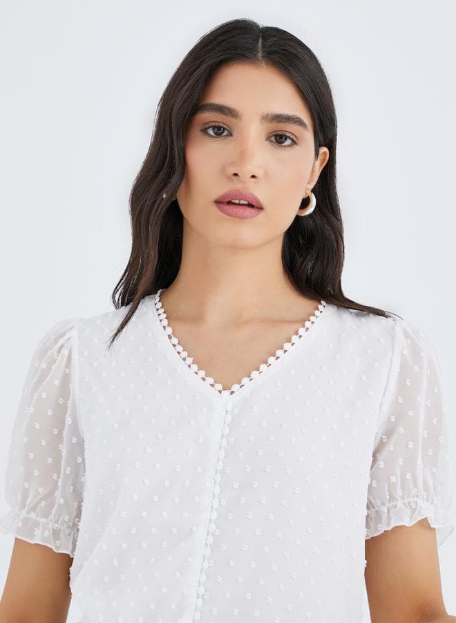 Textured V-Neck Lace Trim Puff Sleeve Blouse - Image 1