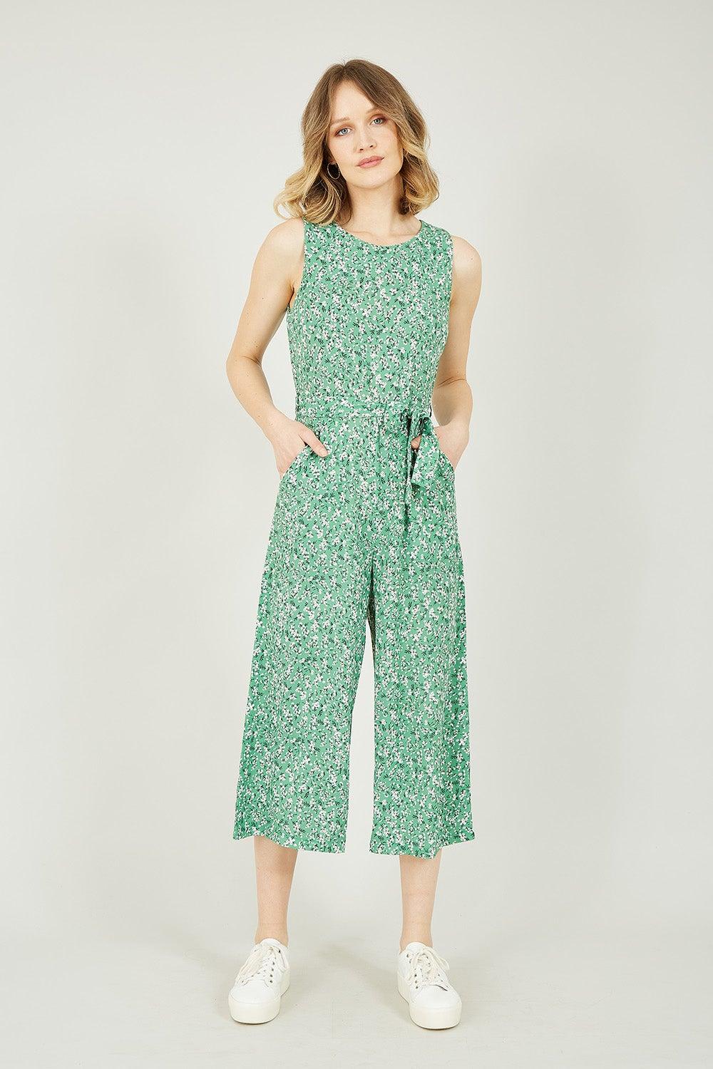 Ditsy Flower Culotte Jumpsuit in Dark Green - Image 1