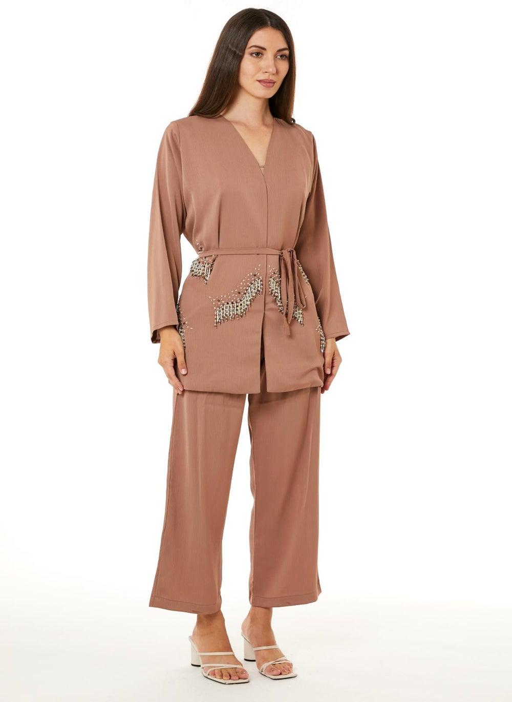 Brown Zoom Fabric V-Neck Top & Pants Set - Image 1