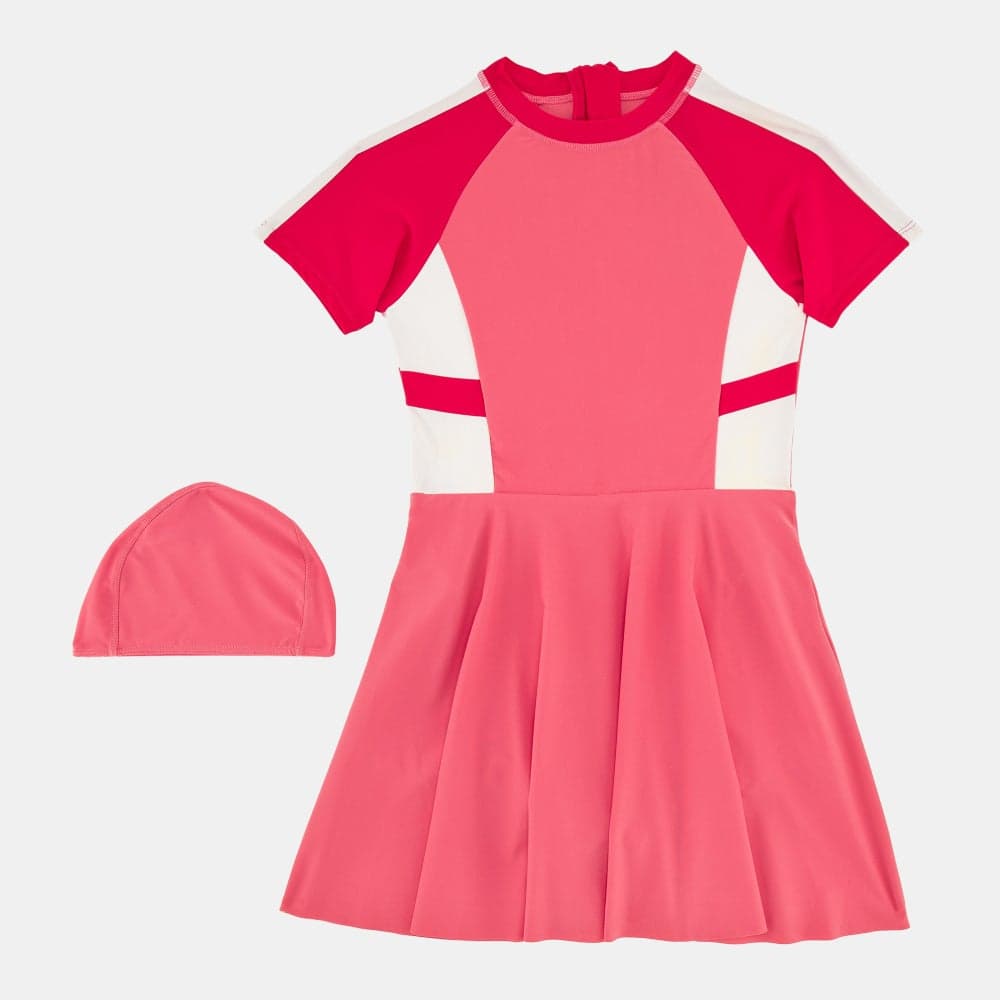 Girls Pink Swim Dress with Cap UPF 40 - Image 1
