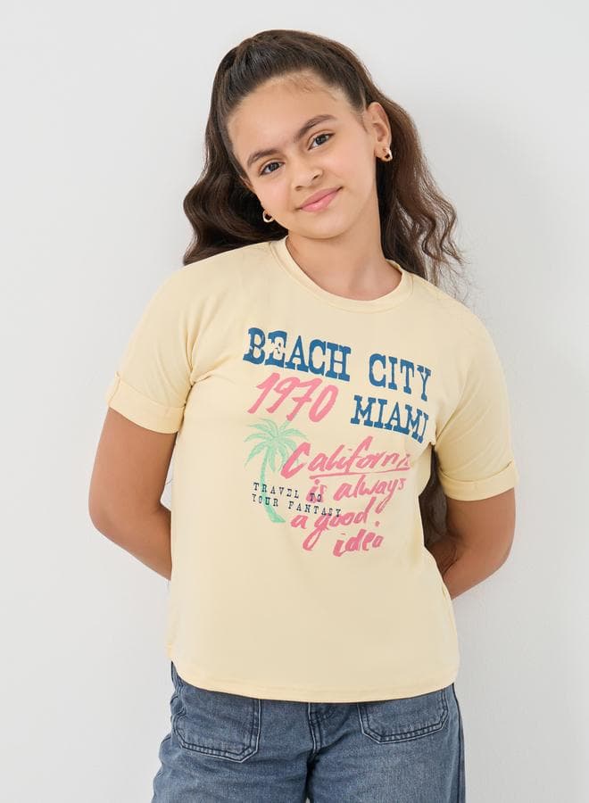 Girls Green Slogan Print Round Neck T-Shirt - Image 1