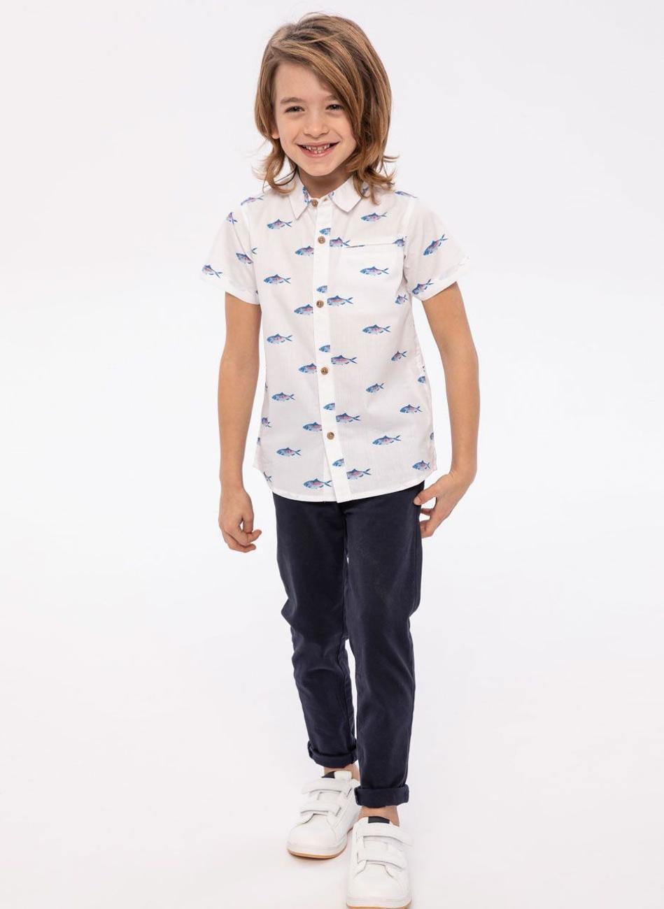 Boys Printed Poplin Shirt Short Sleeve White - Image 1