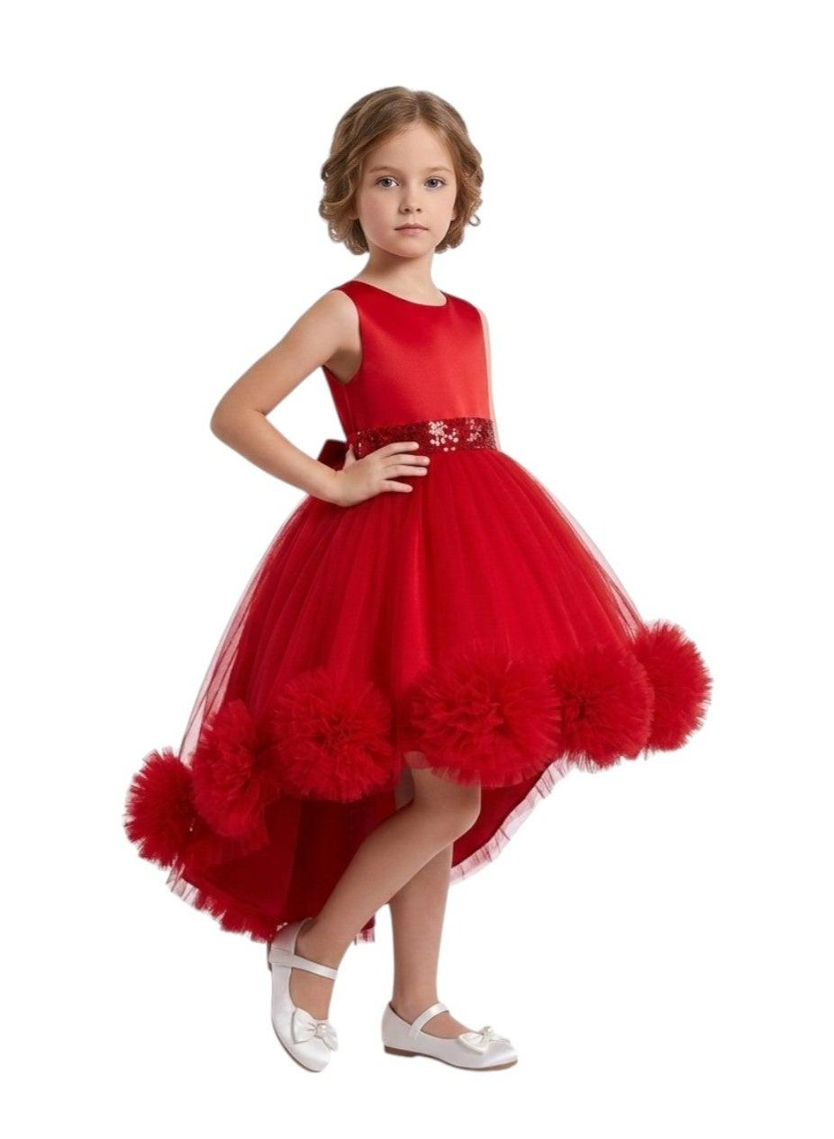 Girls Red High-Low Tulle Dress with Sequined Belt - Image 1