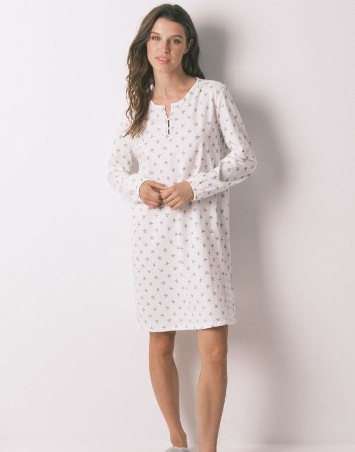 Ivory Floral Cotton Nightgown 492273596 Long Sleeve - Image 1
