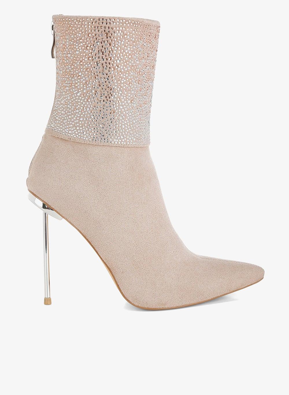 Sh5225 Beige Rhinestone Fold-Over Stiletto Boots - Image 1