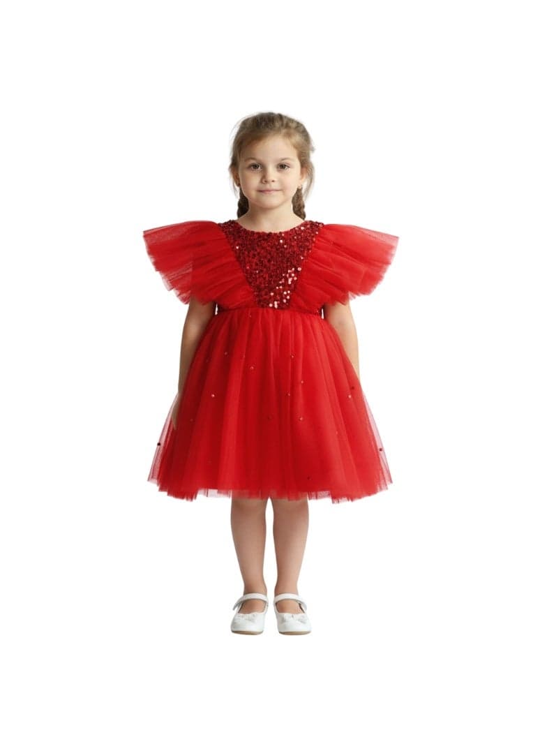 Girls Red Sequin Bodice A-Line Party Dress - Image 1