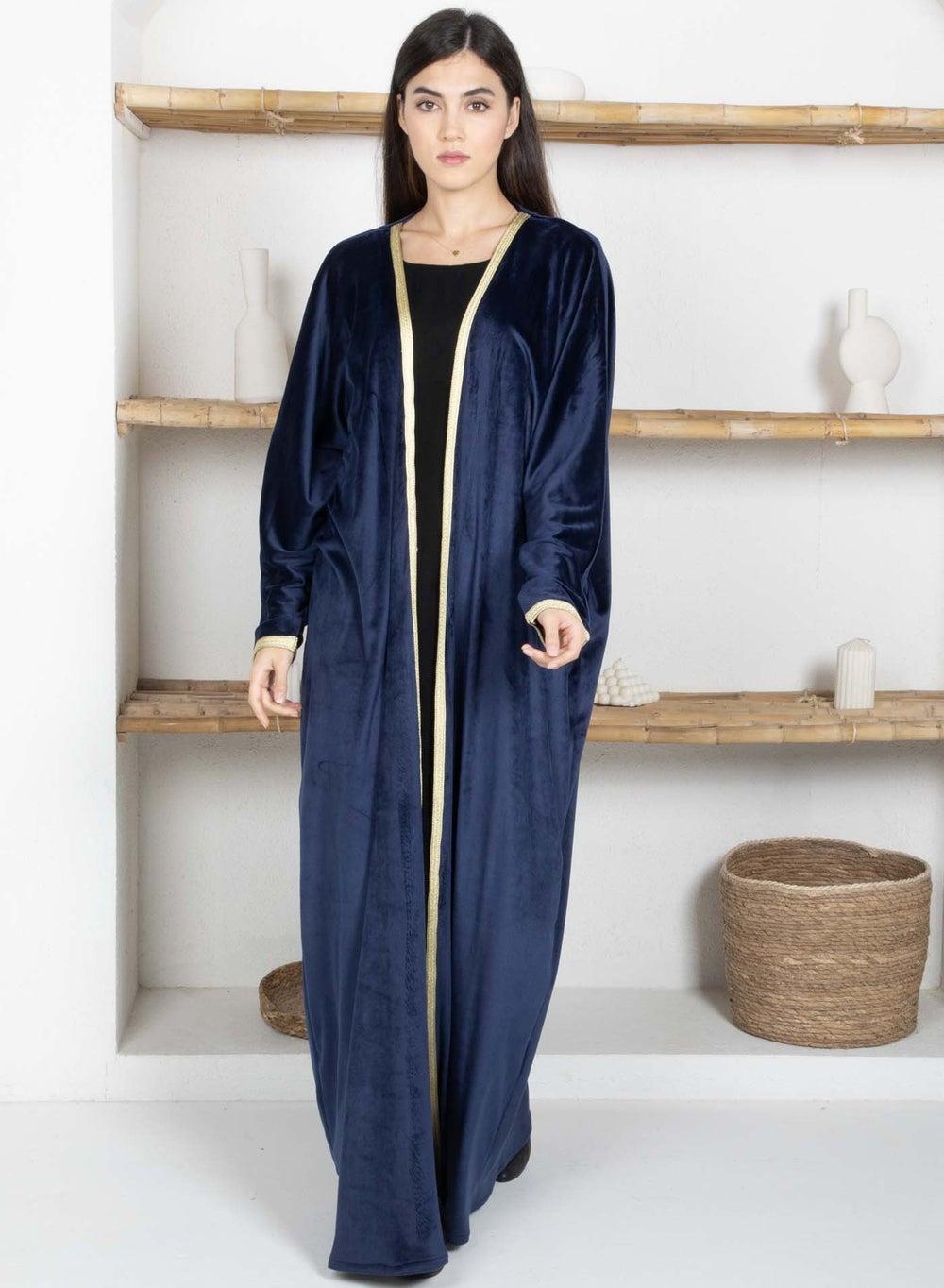 Blue Velvet Abaya with Golden Lace Trim - Image 1