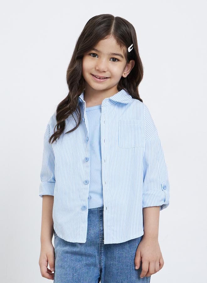 Styli Girls Blue Striped Shirt & Rib Tank Set - Image 1