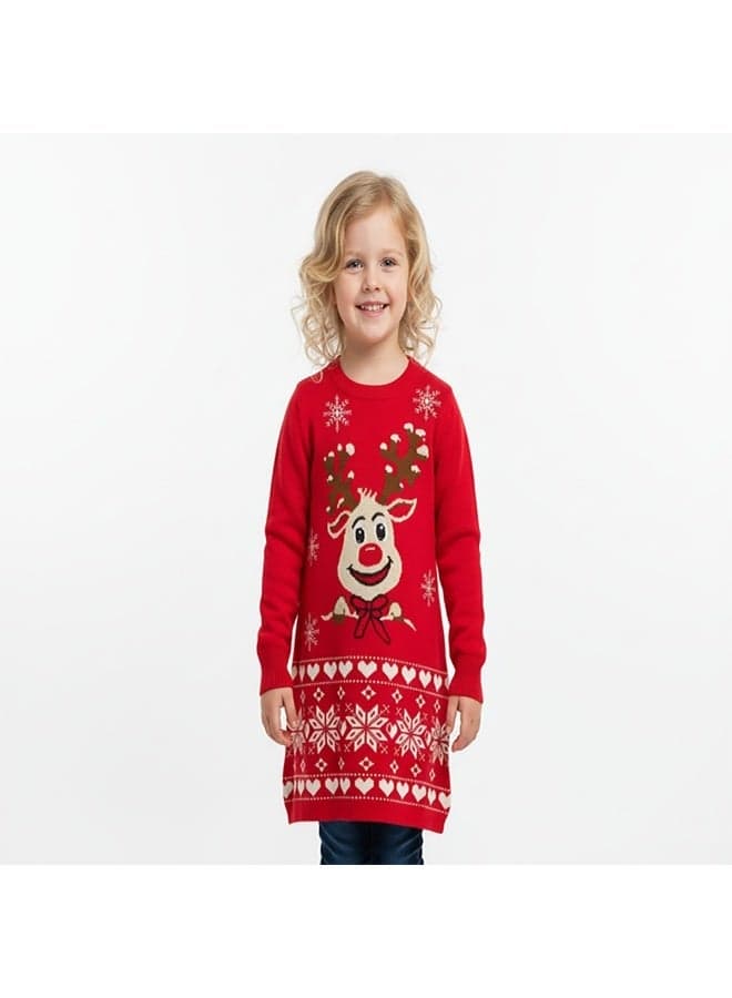 Red Reindeer Christmas Sweater Dress for Girls - Image 1