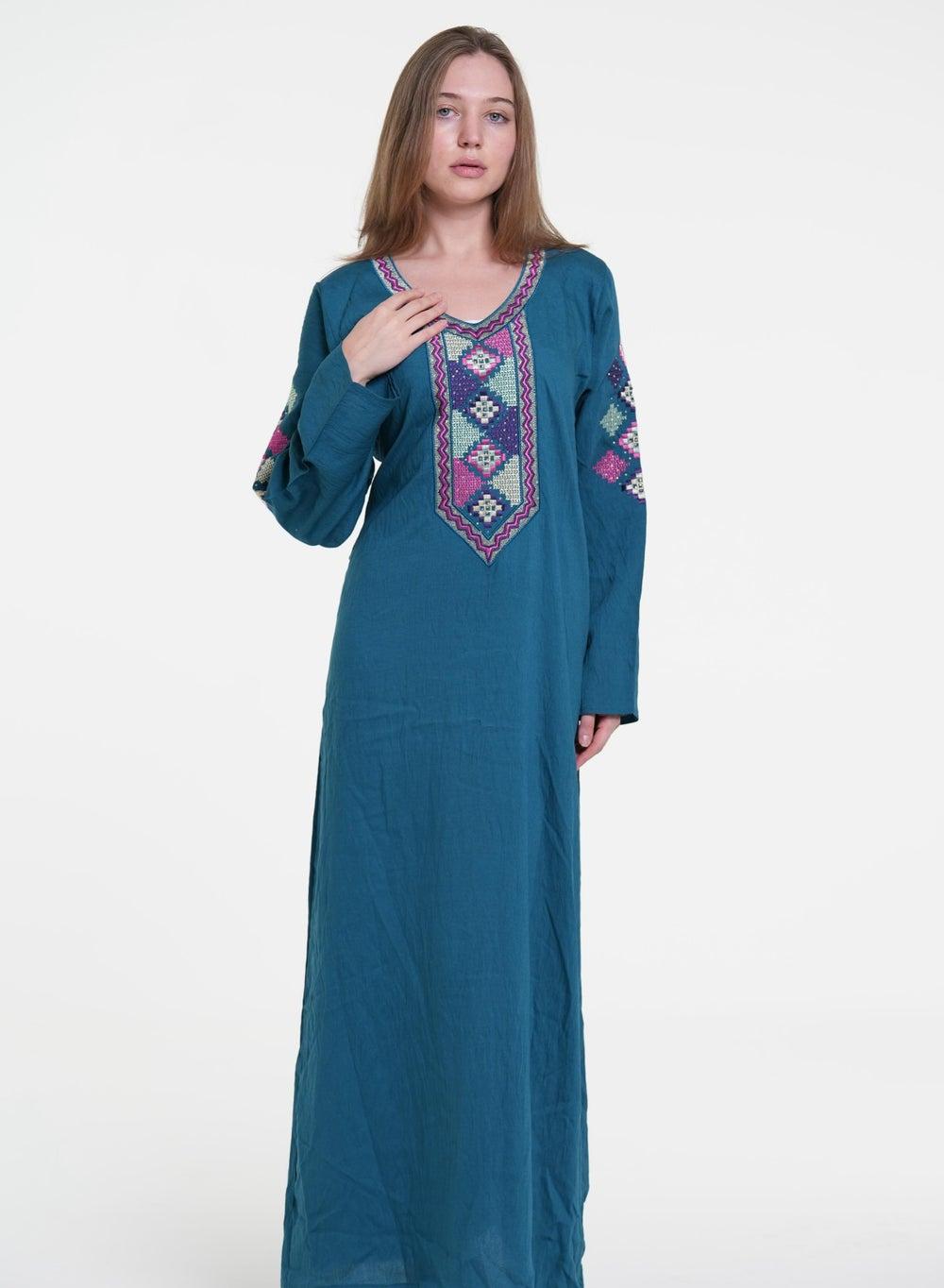 Mukhawar Jalabiya Linen Dress in Petrol Blue - Image 1