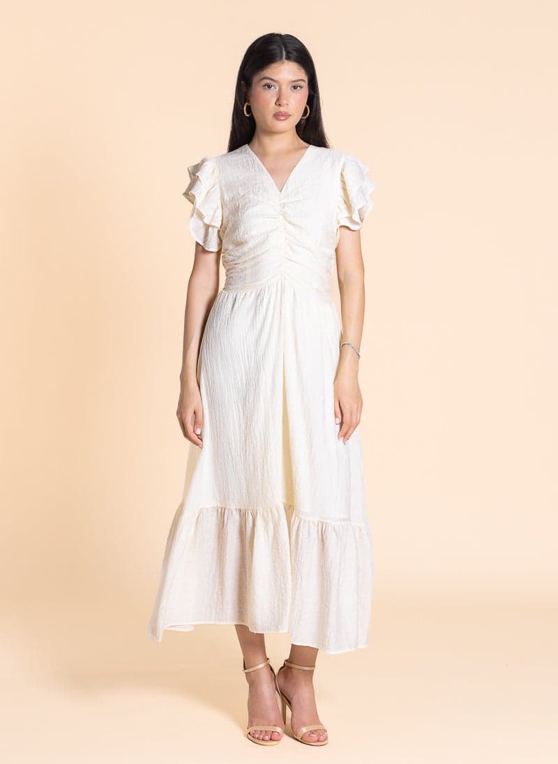 Textured Ruffled Sleeve Midi Dress in Cream - Image 1
