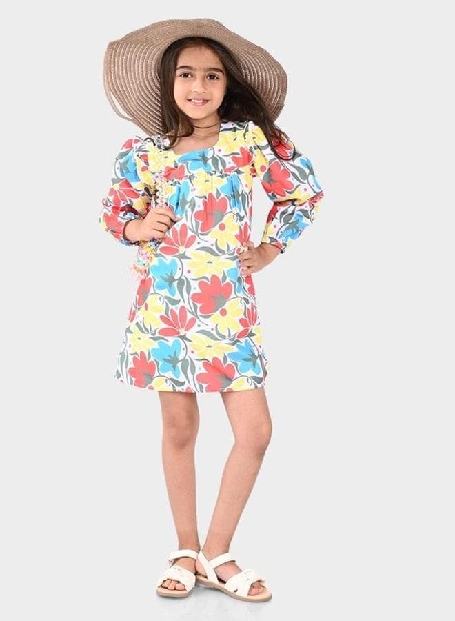 Girls White Multicolour Cotton Printed Midi Dress - Image 1