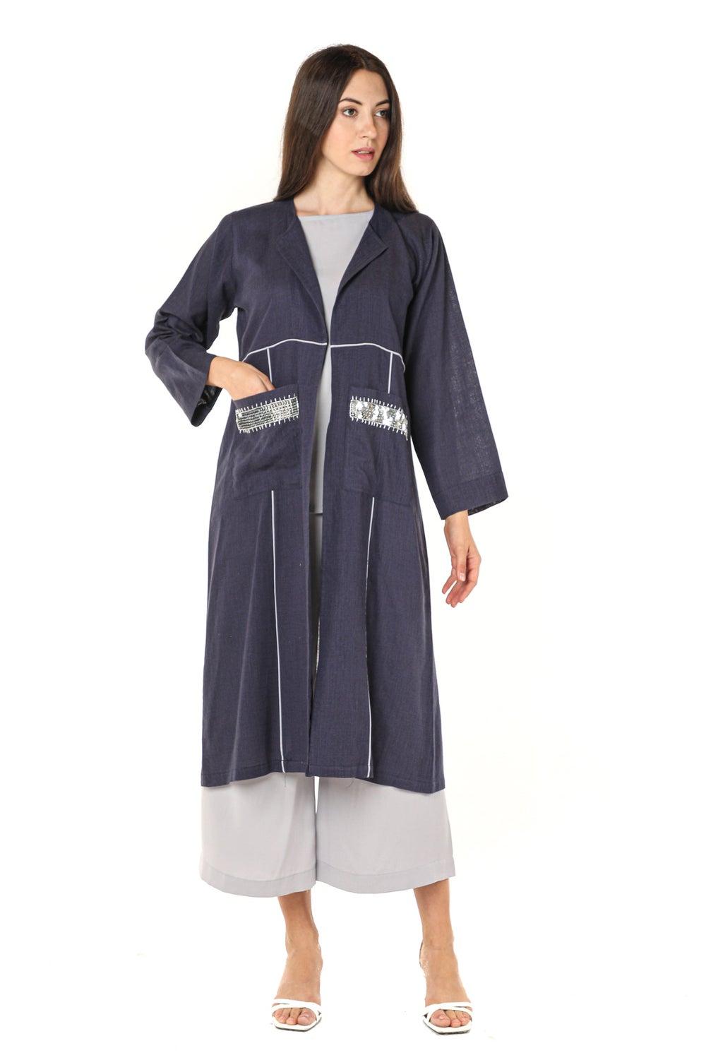 Navy Embroidered Pocket Crepe Top & Pants Set - Image 1