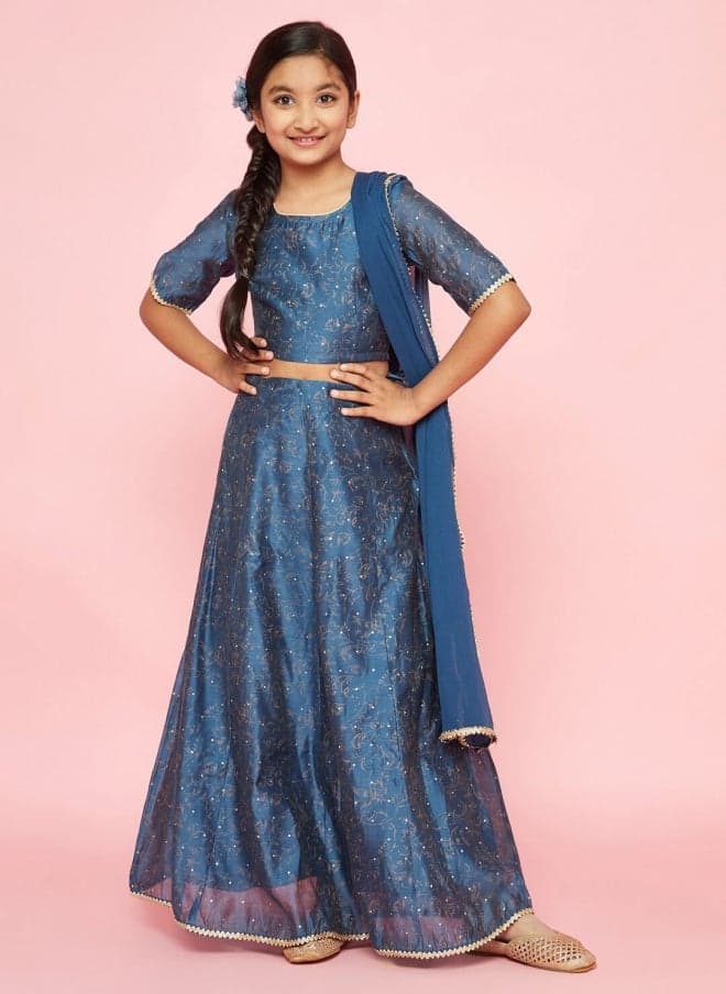 Blue Printed Silk Lehenga Choli Set for Girls - Image 1