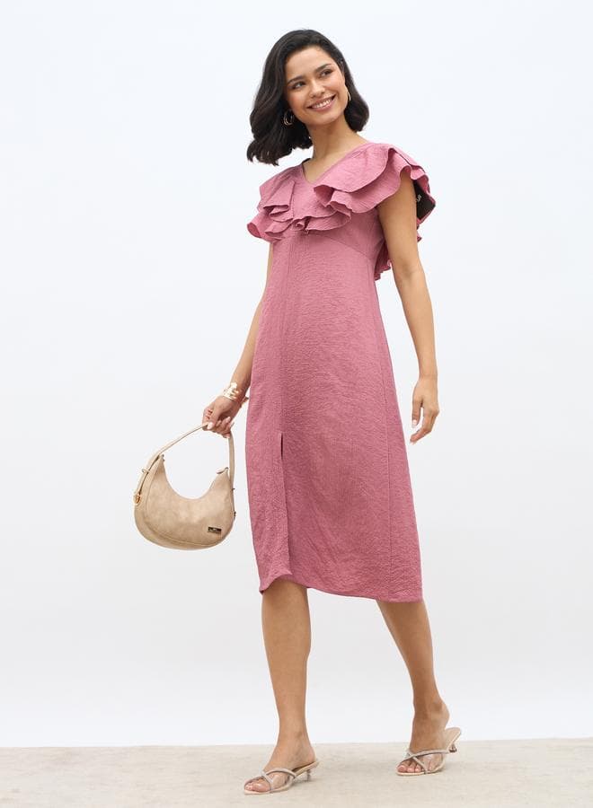 Styli Rose Pink Ruffled V-Neck Midi Dress - Image 1