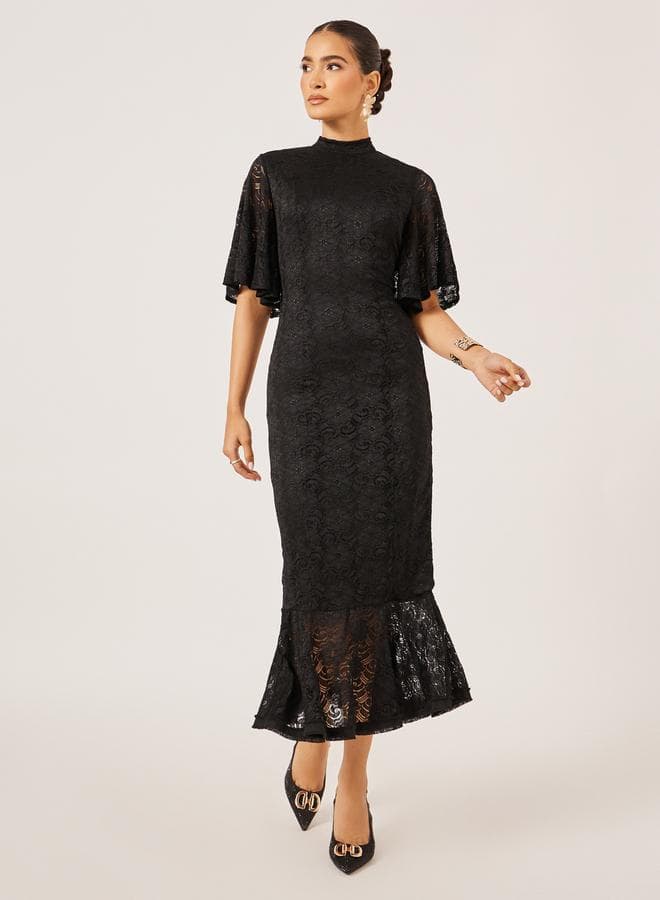 Styli Black Lace Flutter Sleeve Midi Dress - Image 1
