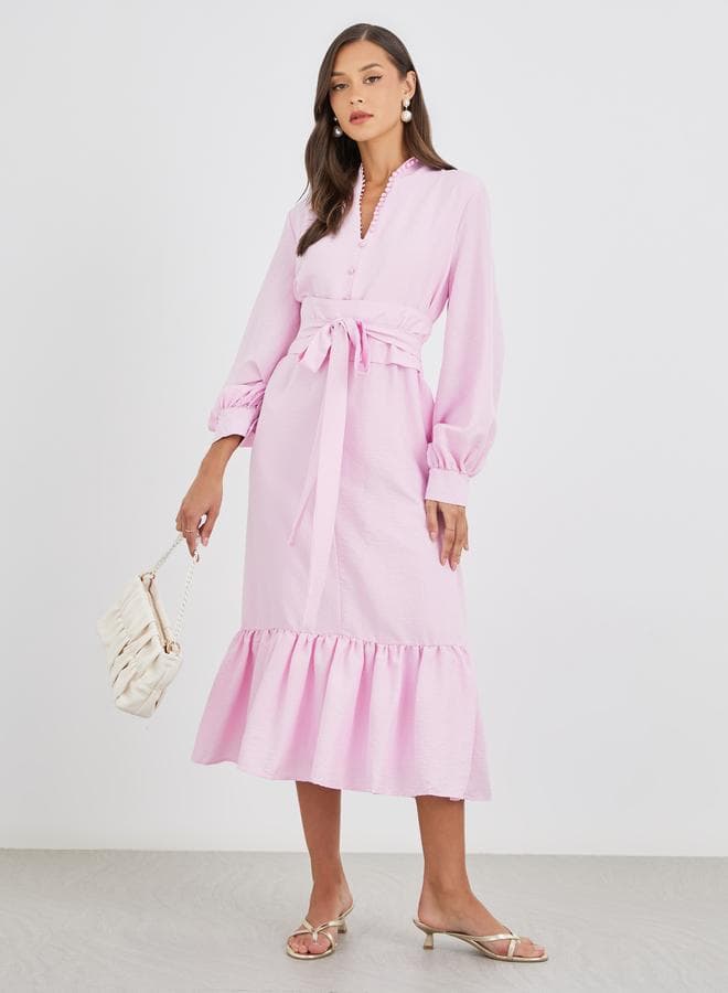 Light Pink Belted A-Line Midi Shirt Dress - Image 1