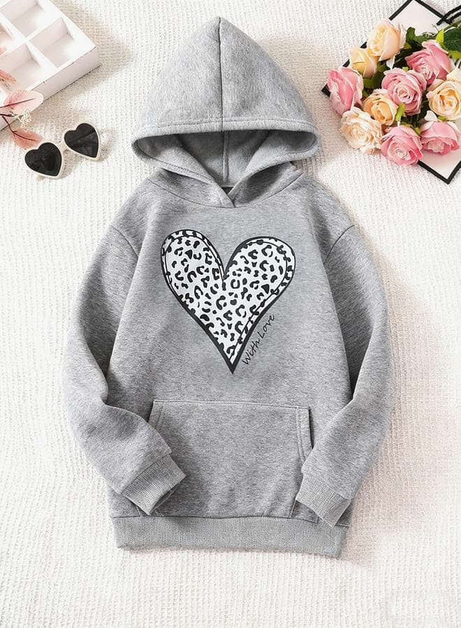 Girls Grey Graphic Printed Pocket Hoodie - Image 1