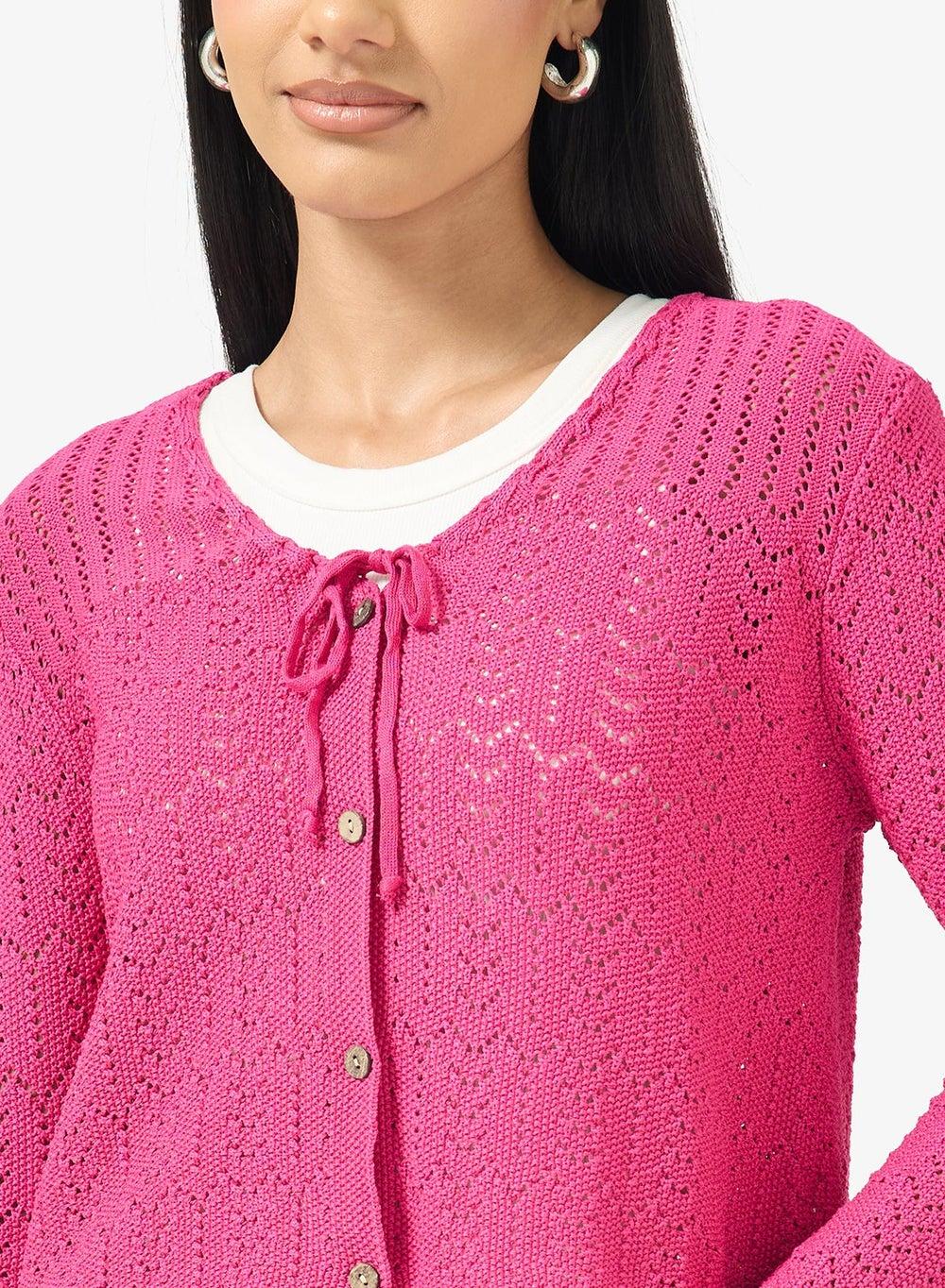 Pink Openwork Cropped Cardigan Y250520146 - Image 1