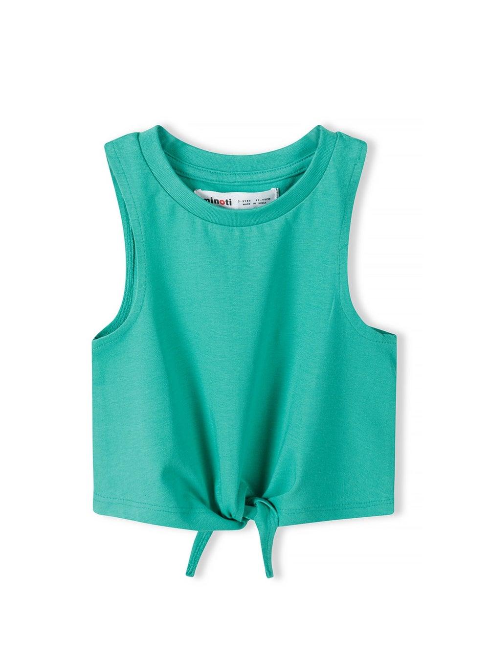 Girls Tie Front Vest Green Cotton Ribbed Summer Top - Image 1