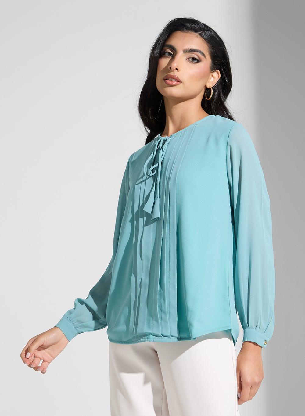 Elegant Green Tie-Up Neck Long Sleeve Blouse - Image 1