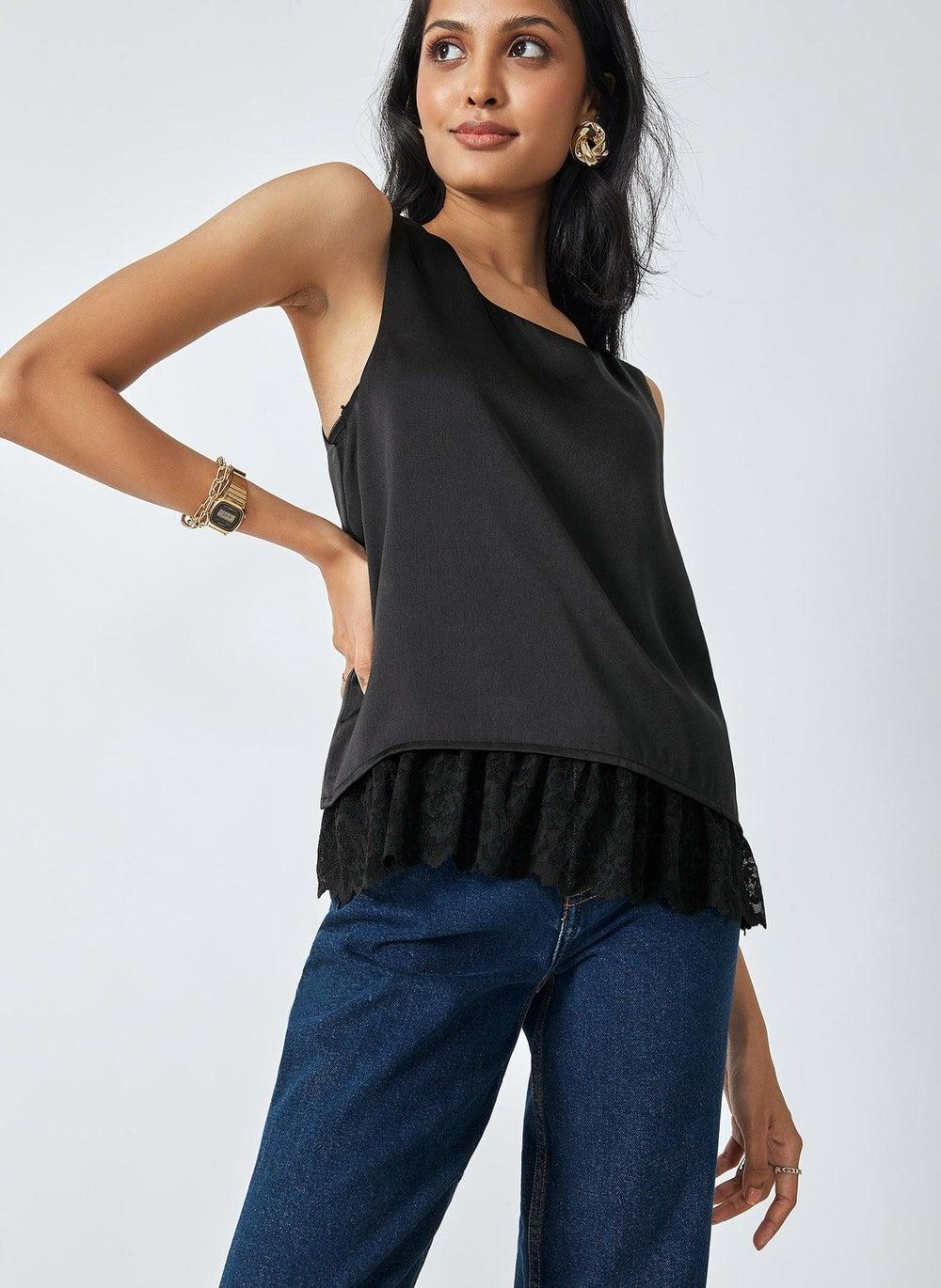 Satin Lace Trim Tank Top in Black - Image 1