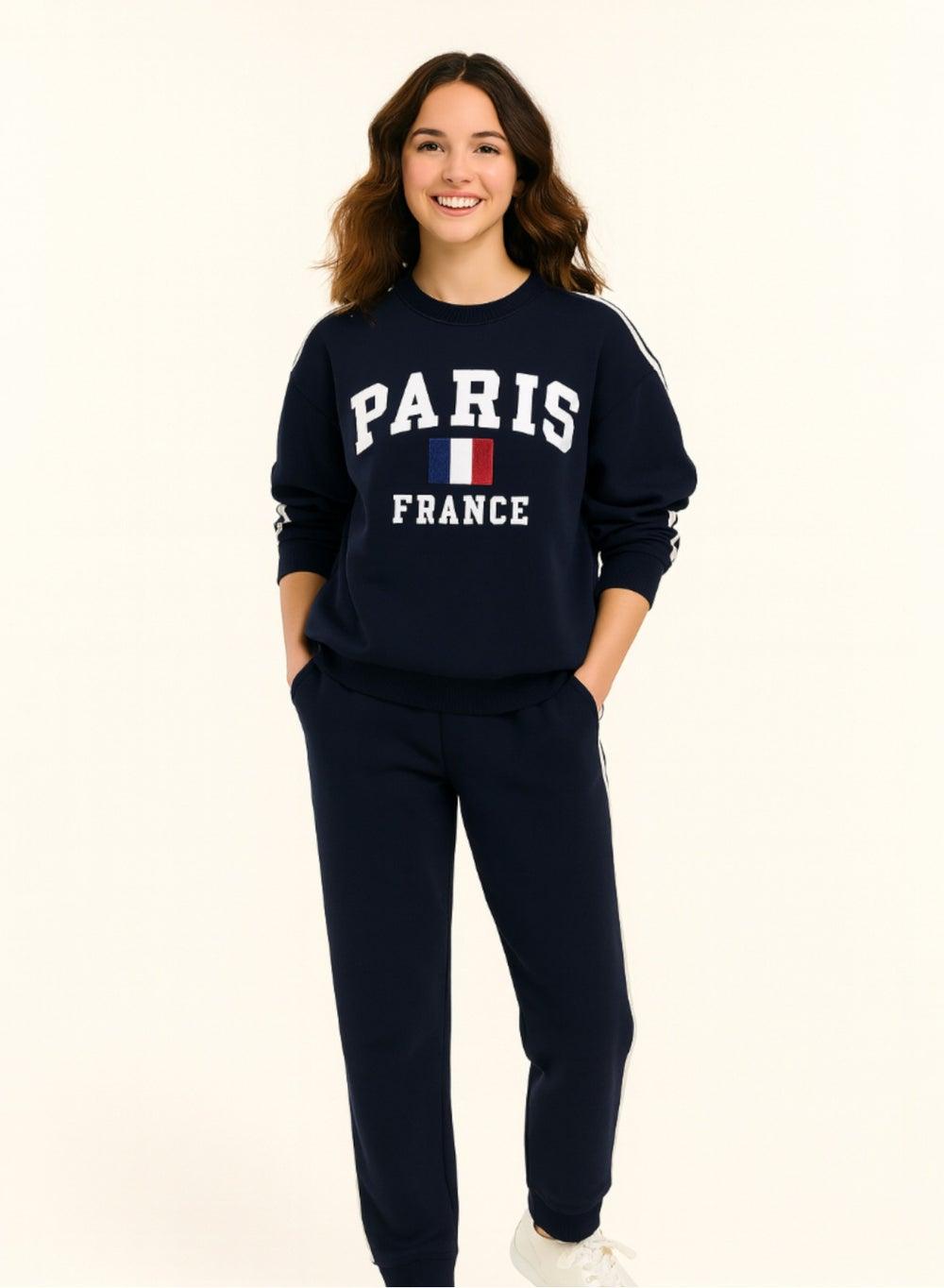 Girls “Paris France” Cotton Fleece 2-Piece Set - Navy - Image 1