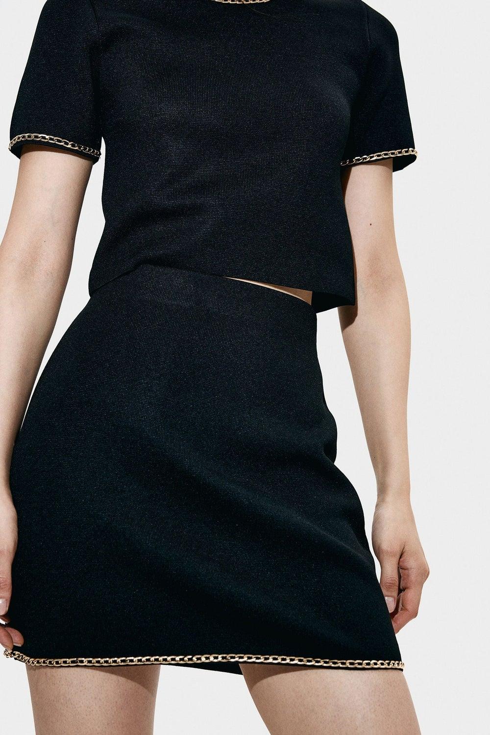 Chain Detail Black Knit Mini Skirt - Image 1