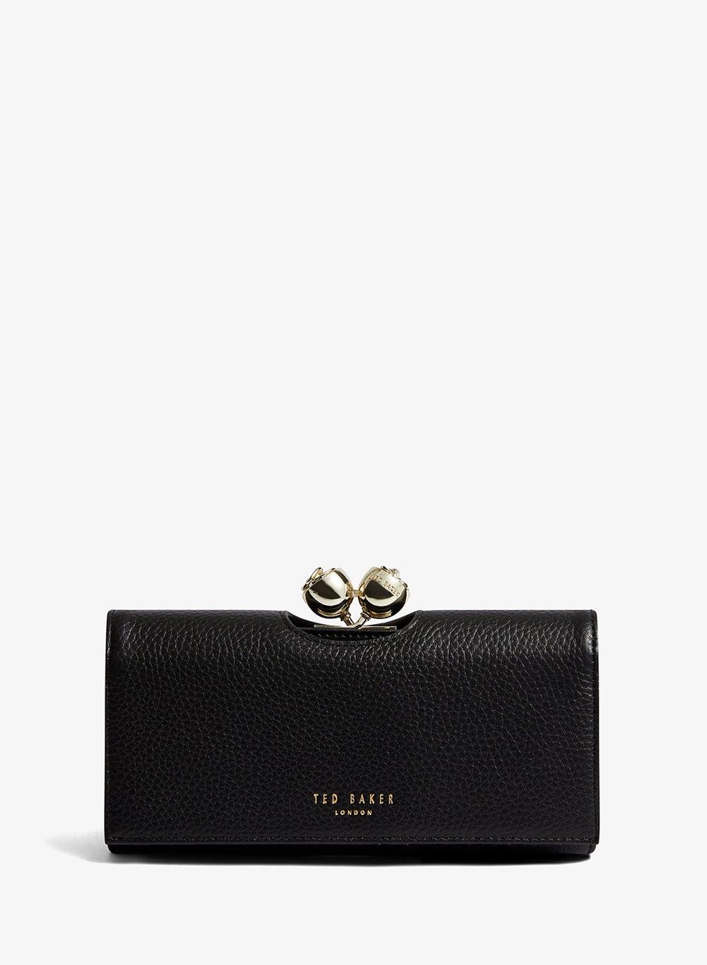 Rose Detail Leather Large Bobble Purse Black - Image 1