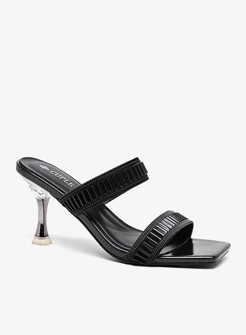 Black Textured Dual Strap Mid Heel Sandals - Image 1