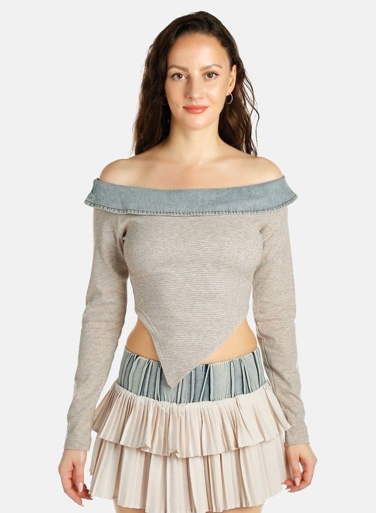 Off-Shoulder Denim Panel Top CL8889 Blue - Image 1