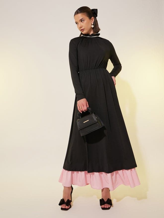 Pearl High Neck Contrast Hem Maxi Dress - Image 1