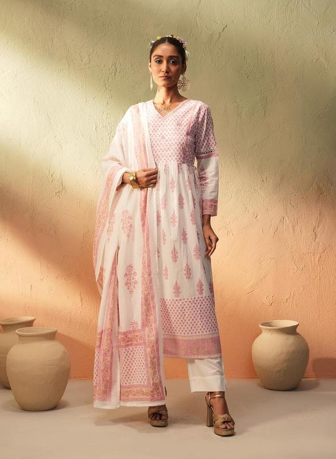 White Cotton Printed Kurta Set with Flared Palazzo - Image 1