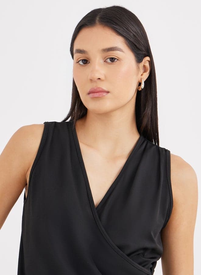 Black Wrap V-Neck Sleeveless Knit Top - Image 1
