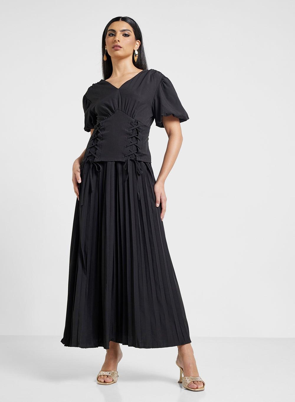 Lace-Up Bodice Black Maxi Dress Clt2412011 - Image 1