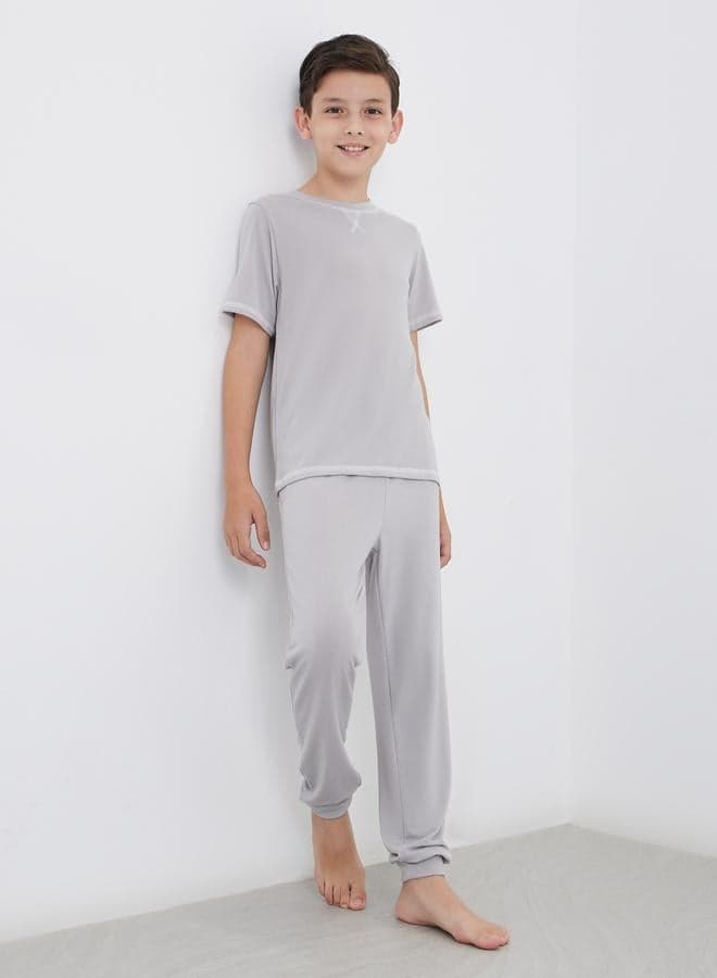 Boys Grey Overlock Seam Pyjama Set - Image 1