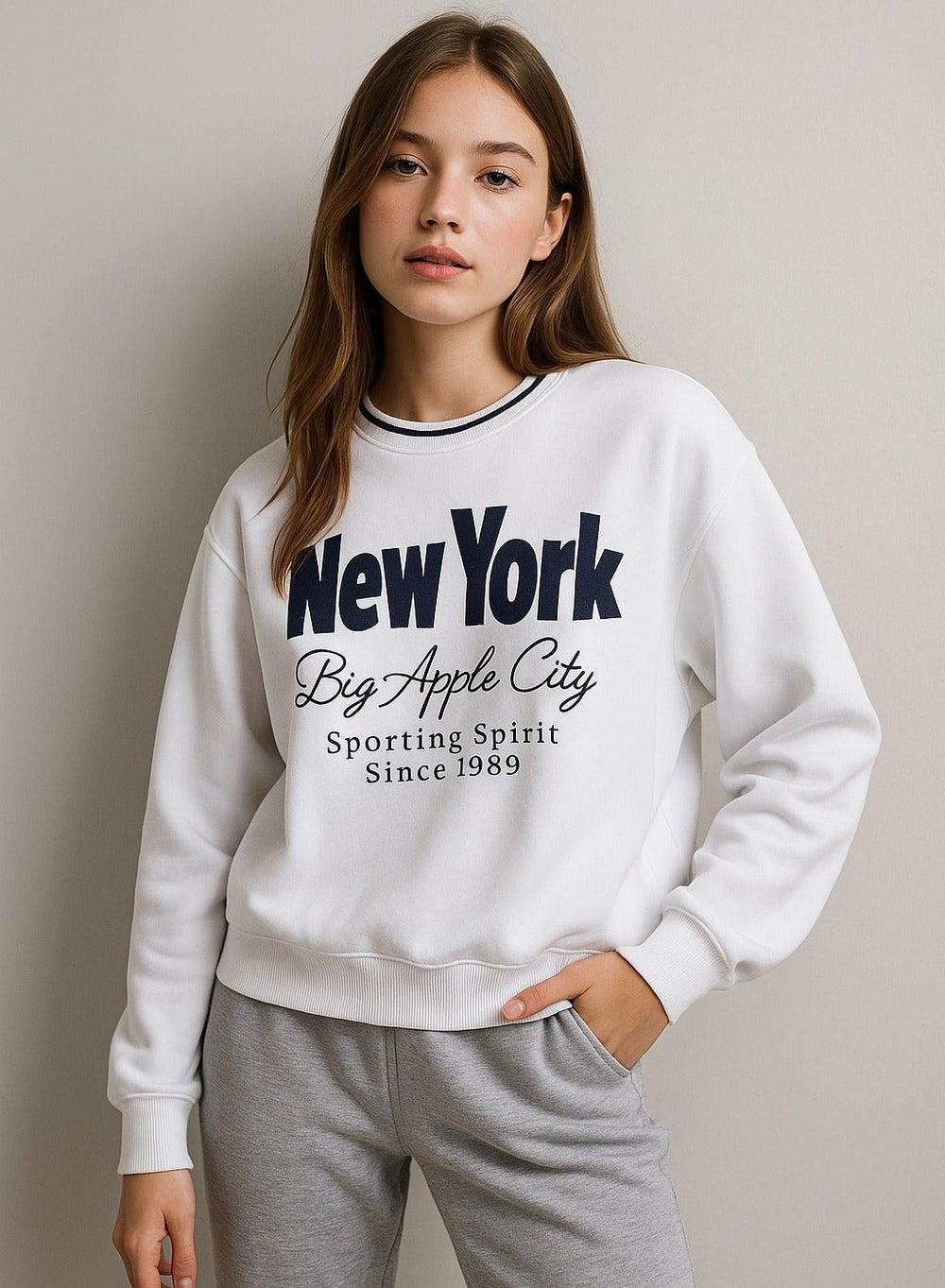 New York Big Apple Contrast Rib Cotton Sweatshirt - Image 1