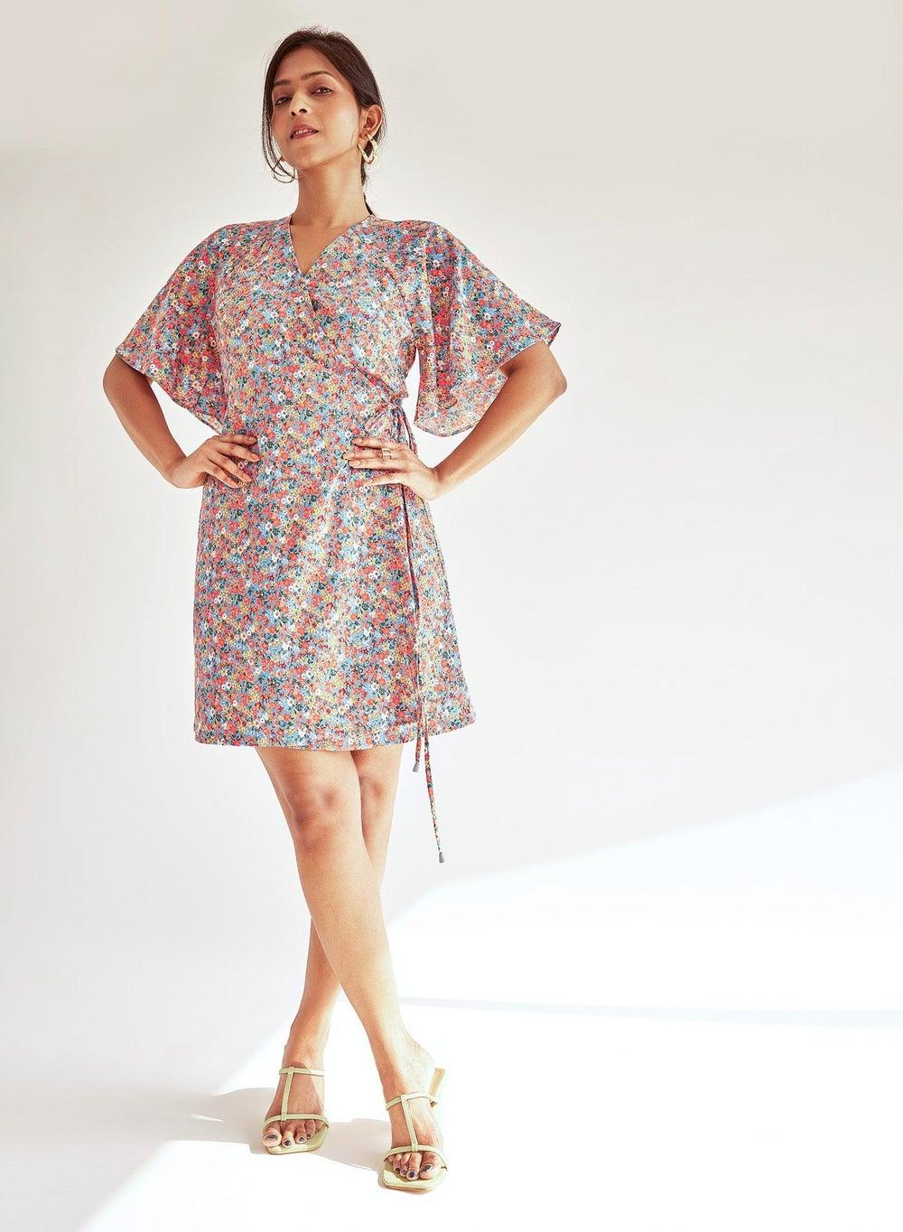 Pink Multi Floral Wrap Mini Dress - Image 1