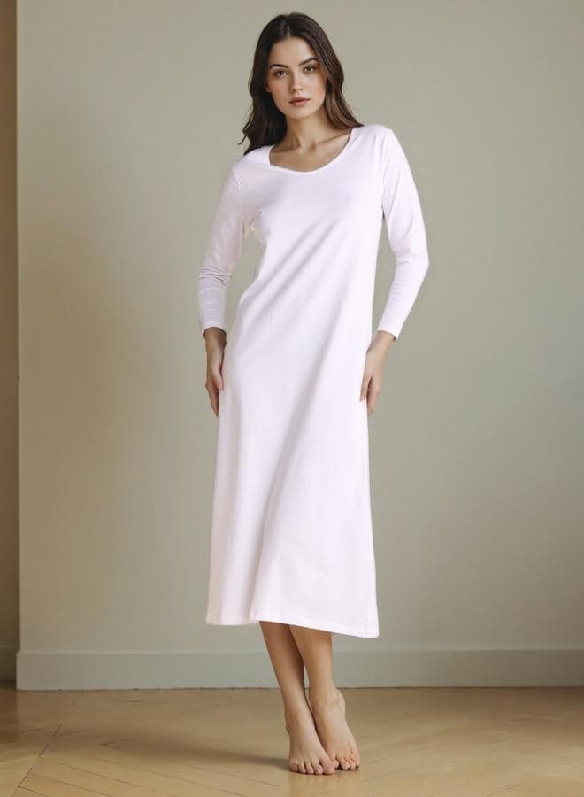 Elegant White Cotton Blend Night Dress with Back Slit - Image 1