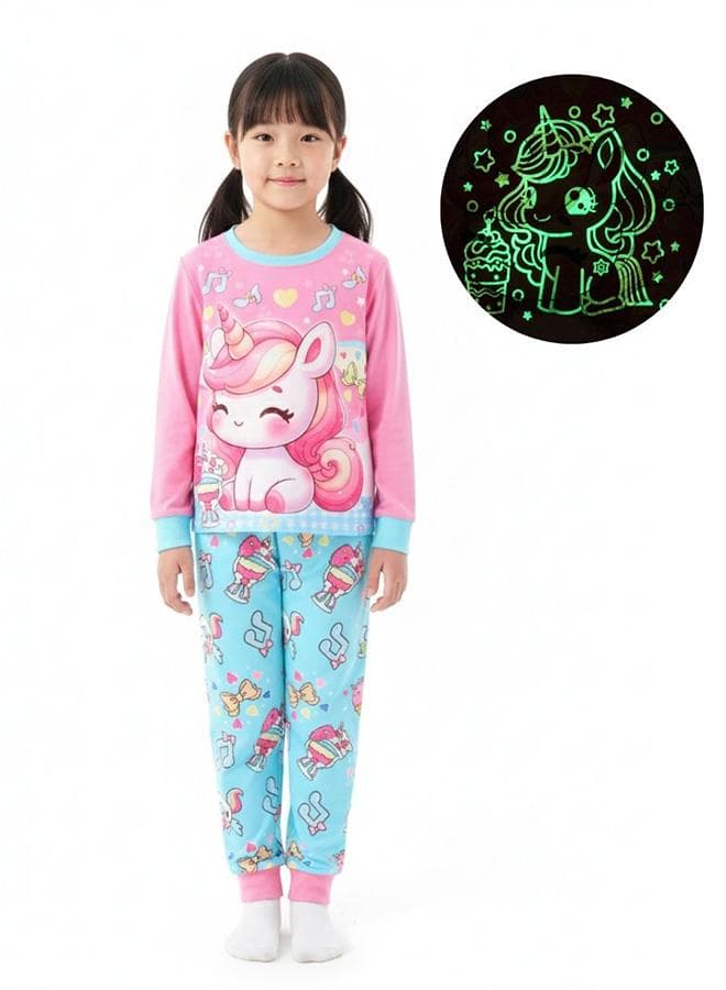 Unicorn Print Glow-in-the-Dark Girls Pajama Set 7925 - Image 1