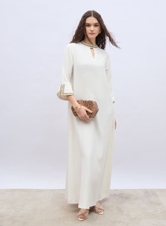 Lace Trim 3/4 Sleeve Keyhole Jalabiya 7006450711 Cream - Image 1