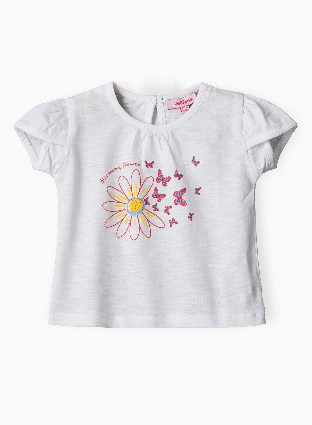 Girls White Floral Butterfly Cotton Tee - Image 1
