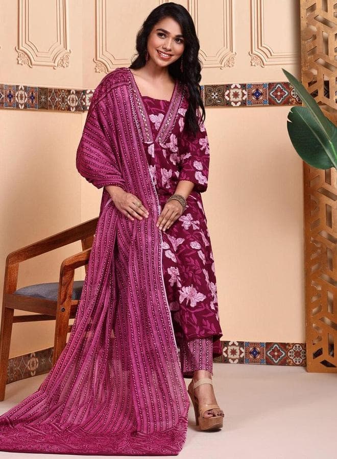 Ishin Maroon Floral Cotton Kurta Set 7019981219 - Image 1