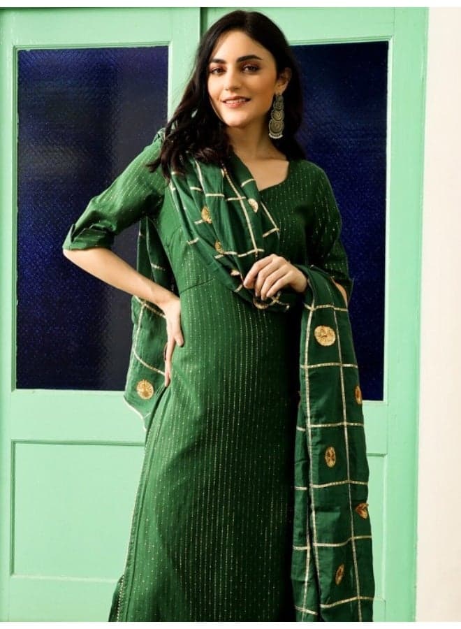 Green Embellished Alia-Cut Kurta Pant Dupatta Set - Image 1