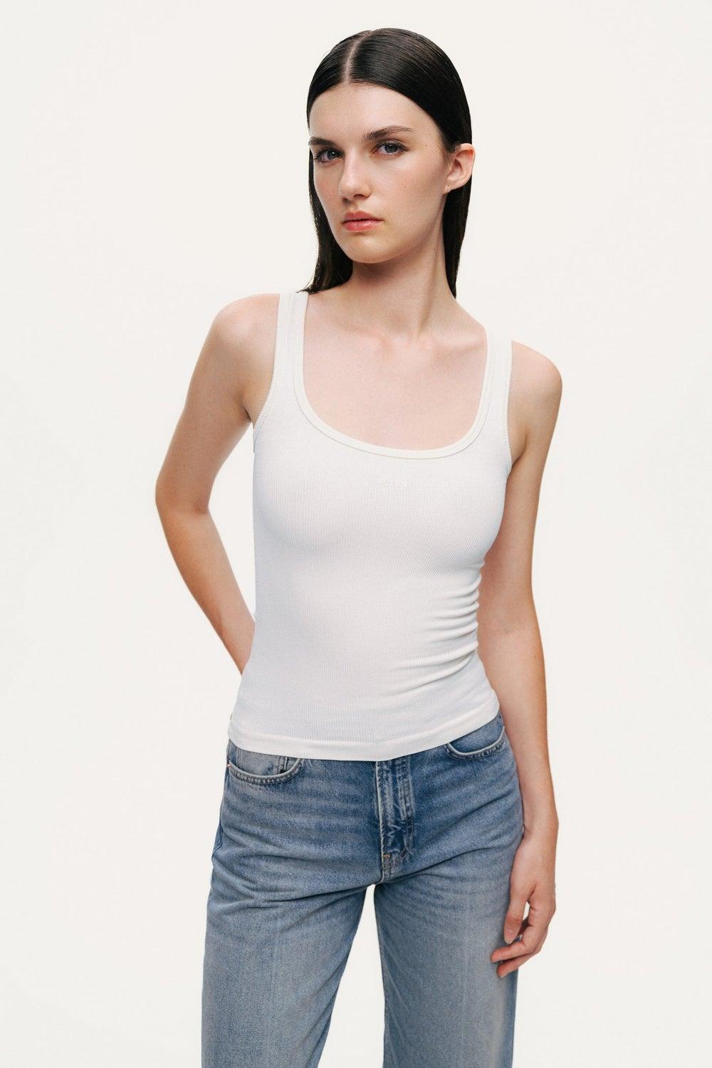 Ribbed Square-Neck Slim Crop Top in Off-White - Image 1