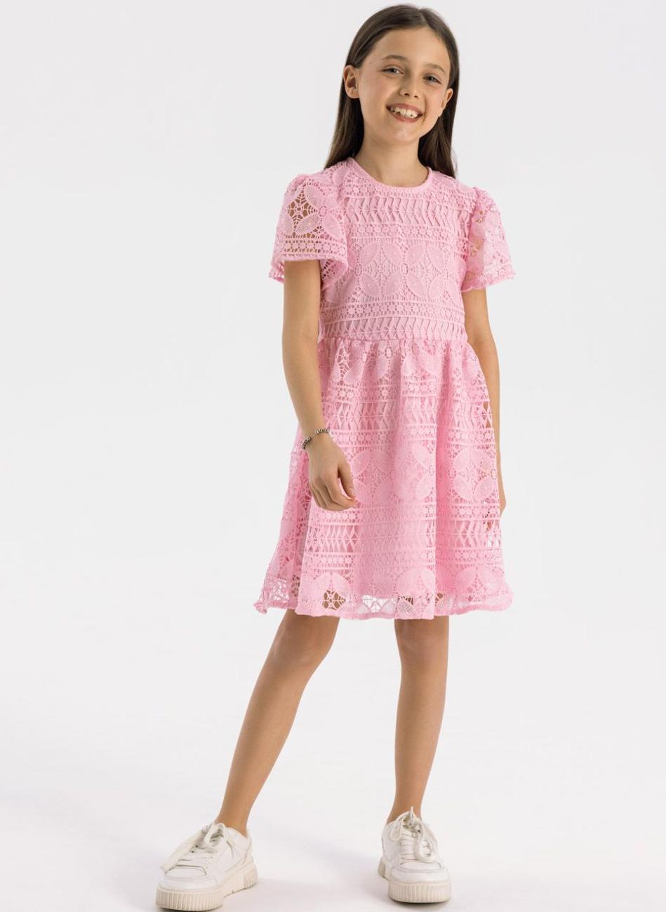 Girls Pink Lace Flared Sleeve Circle Dress - Image 1