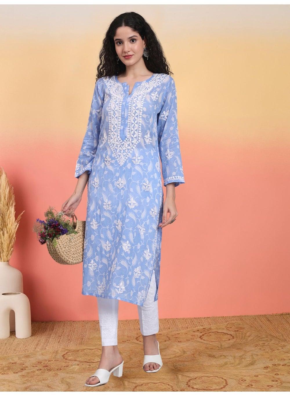 Blue Chikankari Mulmul Cotton Kurta AL4072 - Image 1