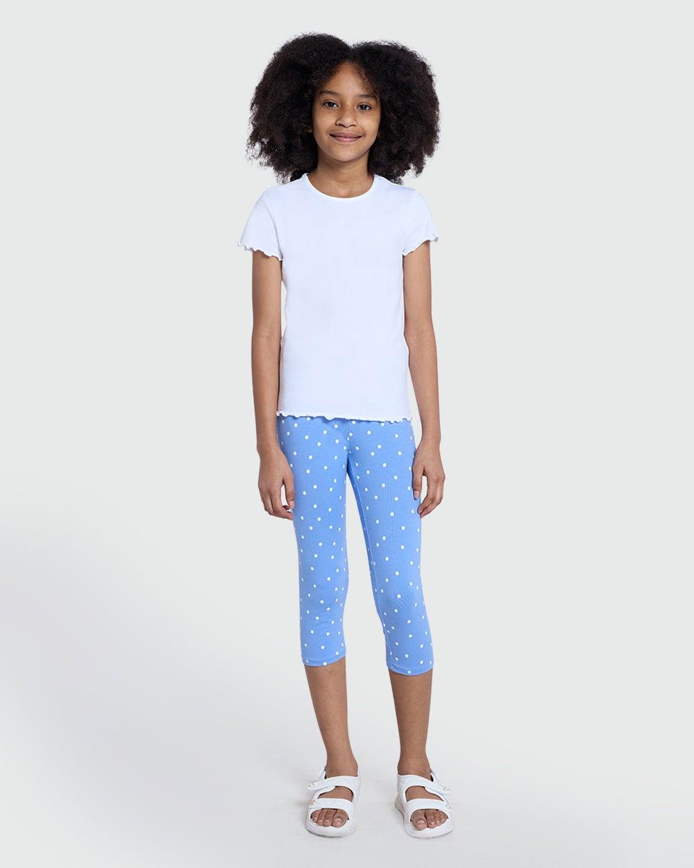 Cornflower Blue Polka Dot Girls Capri Leggings - Image 1