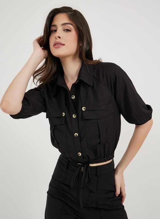 Black Balloon Sleeve Crop Shirt with Drawstring Detail - Image 1