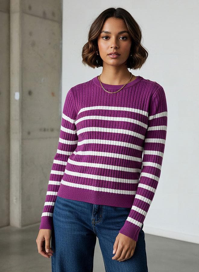 Purple Striped Crew Neck Knit Sweater - Image 1
